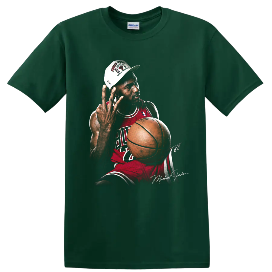 Michael Jordan Chicago Bulls championship portrait with basketball and victory cap on a Forest Green T Shirt