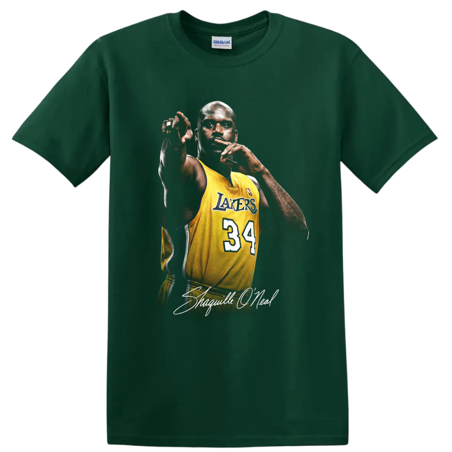 Shaquille O'Neal in Los Angeles Lakers number 34 jersey with signature lettering on a Forest Green T Shirt