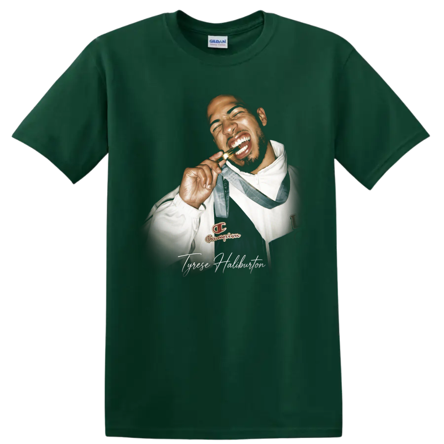 Michael Jordan Chicago Bulls basketball portrait with script-style name lettering on a Forest Green T Shirt