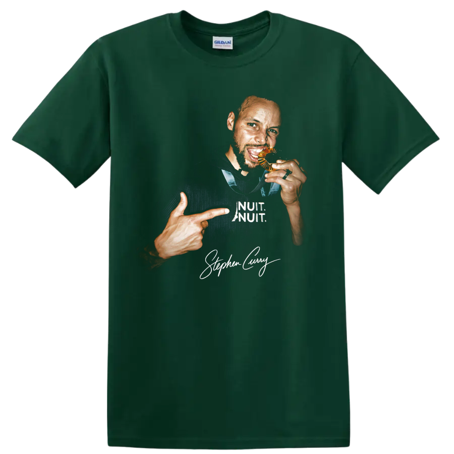 Stephen Curry basketball portrait with white lettering and signature-style graphic on a Forest Green T Shirt