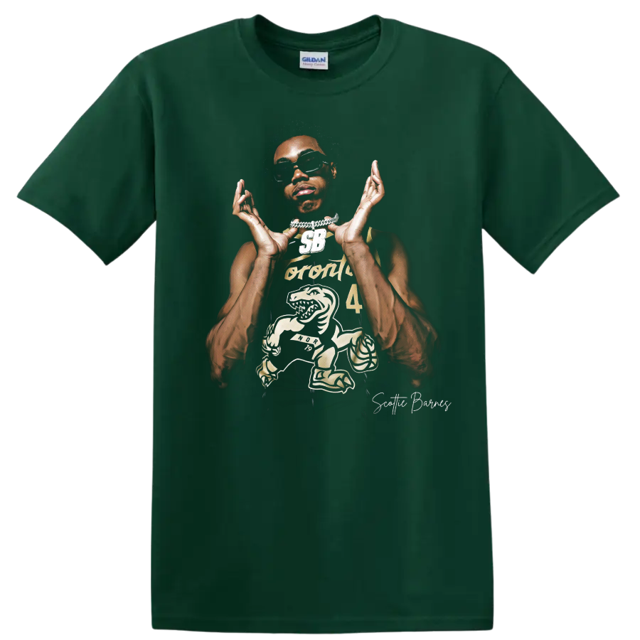 Scottie Barnes Raptors basketball portrait with sunglasses and dinosaur graphic on a Forest Green T Shirt