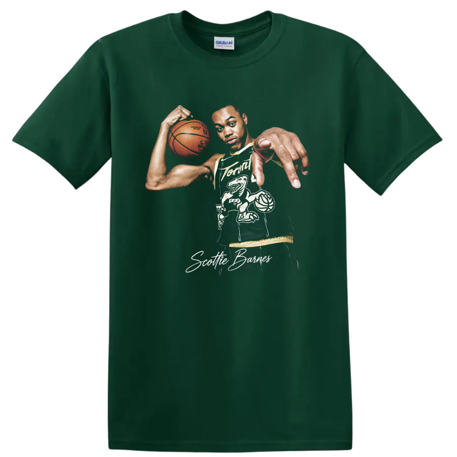 Scottie Barnes Raptors basketball player portrait with ball and signature artwork on a Forest Green T Shirt