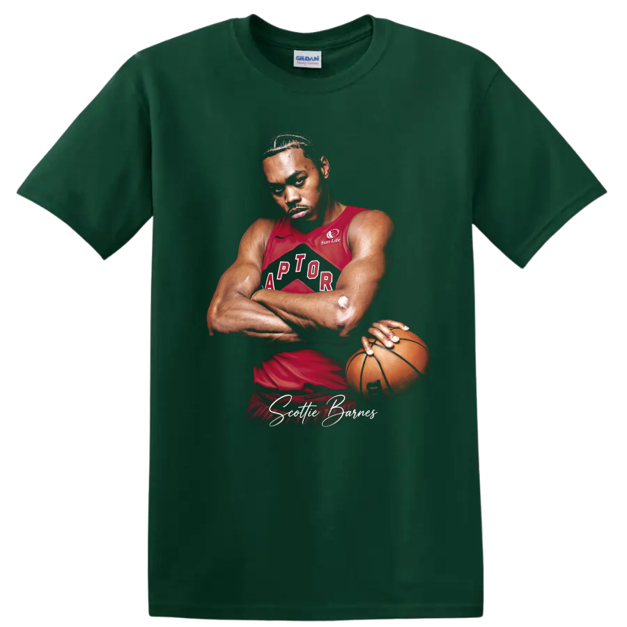 Scottie Barnes Toronto Raptors basketball player portrait with signature text on a Forest Green T Shirt