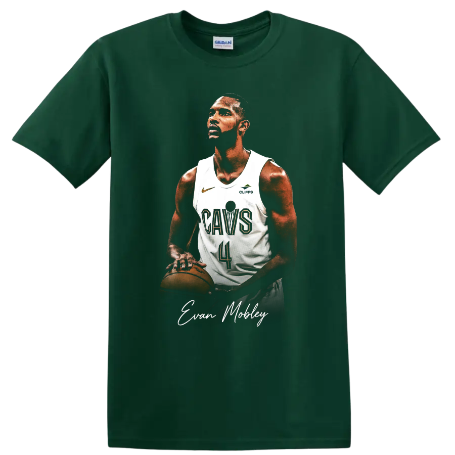 Evan Mobley Cavaliers basketball portrait with jersey, ball, and signature-style name on a Forest Green T Shirt