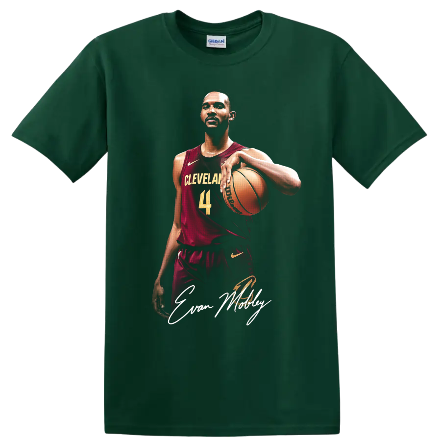Evan Mobley Cleveland Cavaliers basketball portrait with number 4 and signature script on a Forest Green T Shirt