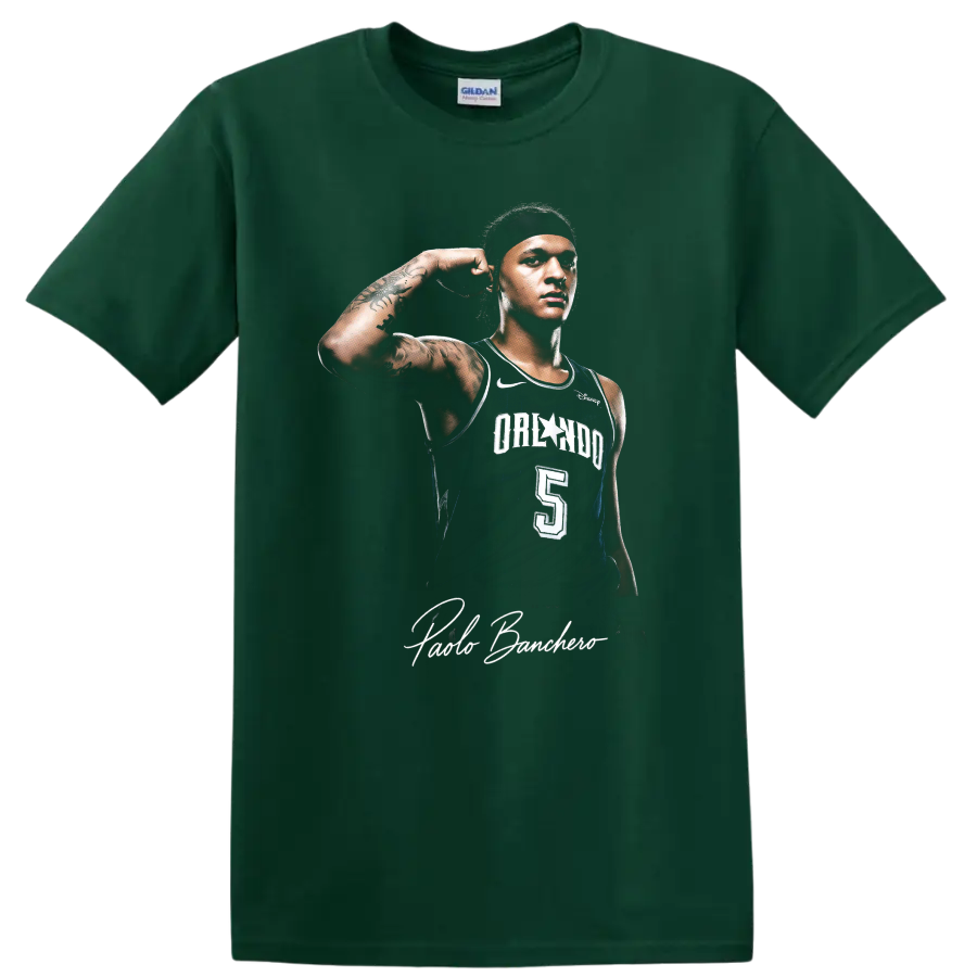 Paolo Banchero Orlando Magic player portrait with number 5 jersey and signature on a Forest Green T Shirt