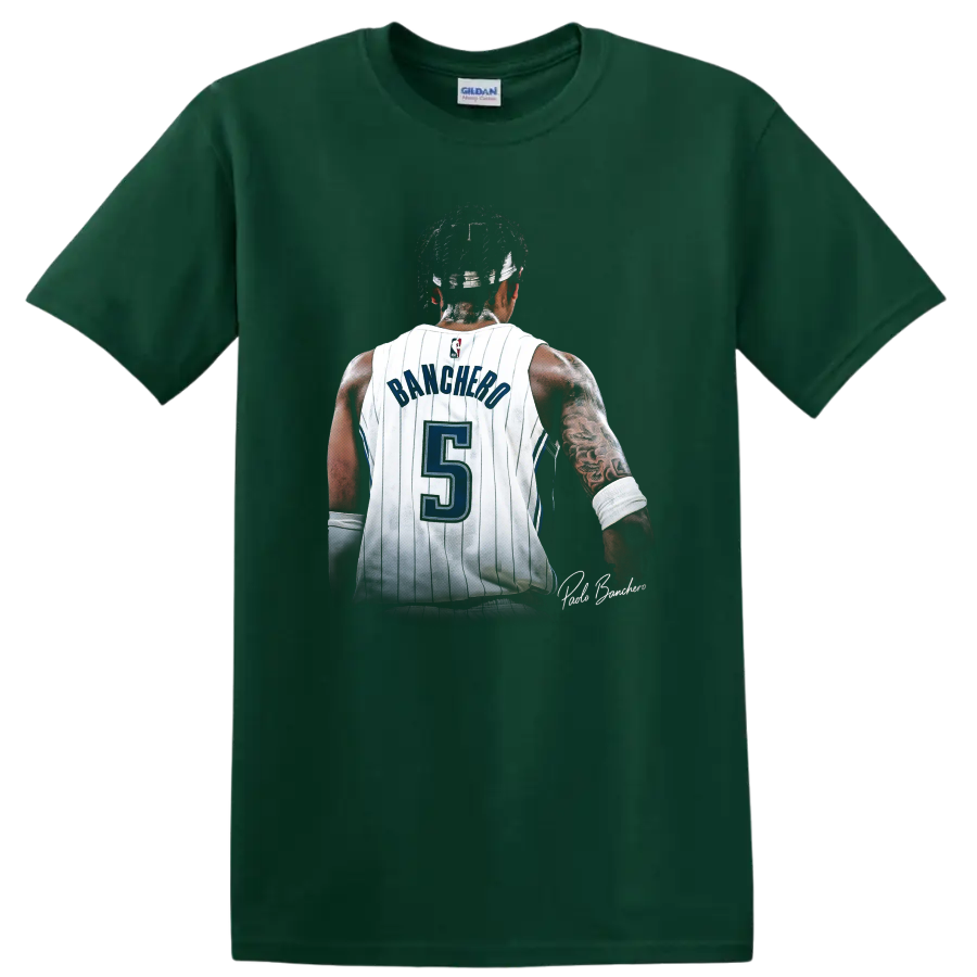 Paolo Banchero rear jersey portrait in white pinstripes with blue number 5 on a Forest Green T Shirt