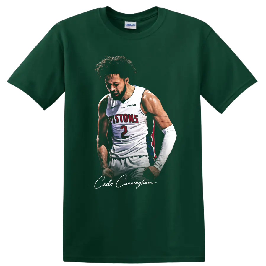 Cade Cunningham Detroit Pistons basketball portrait with number 2 and signature text on a Forest Green T Shirt