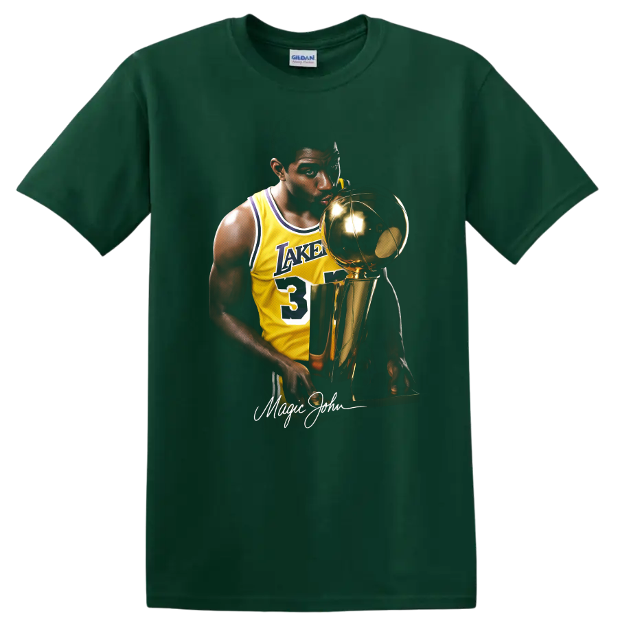 Magic Johnson in Los Angeles Lakers No. 32 jersey holding championship trophy portrait on a Forest Green T Shirt