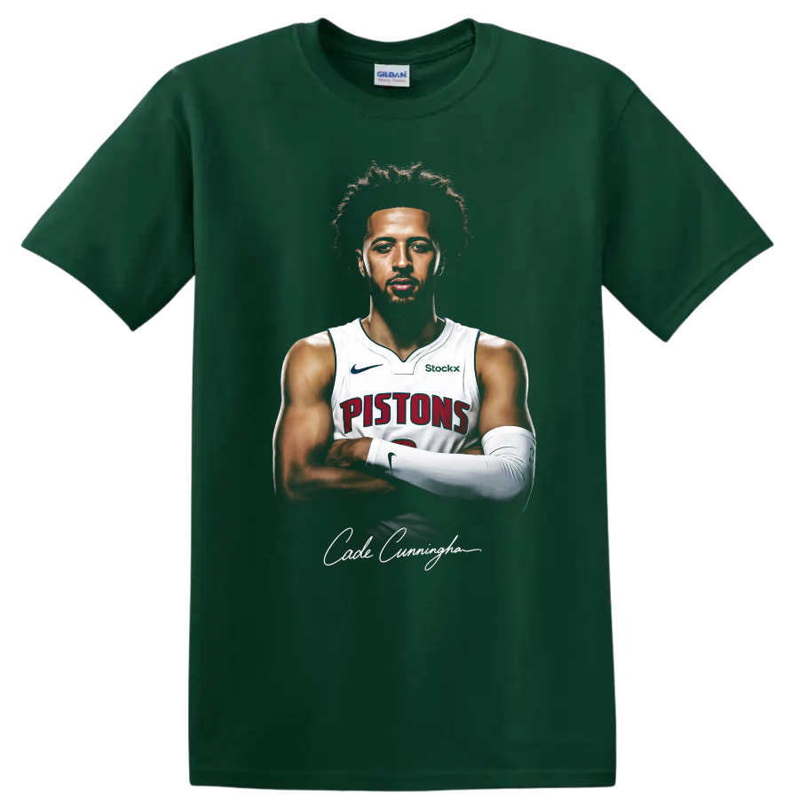 Cade Cunningham Detroit Pistons crossed-arm basketball portrait with signature on a Forest Green T Shirt