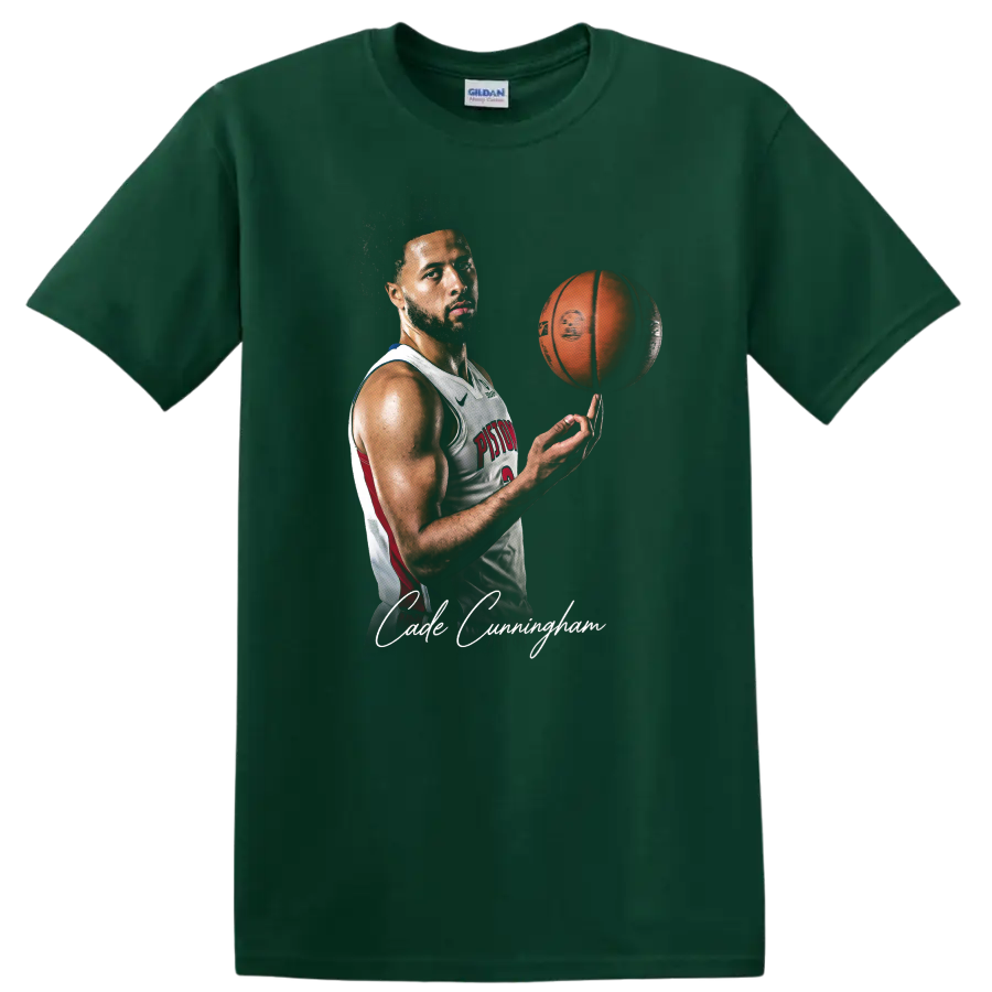 Cade Cunningham Detroit Pistons portrait with spinning basketball and signature script on a Forest Green T Shirt