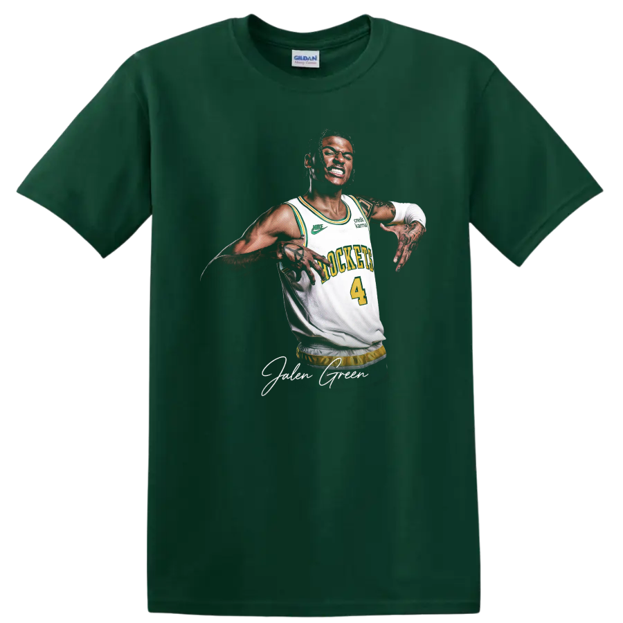 Jalen Green basketball portrait in a number 4 jersey with signature-style name text on a Forest Green T Shirt