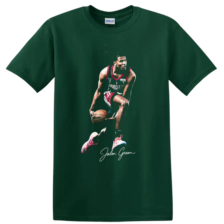 Jalen Green Houston Rockets dribbling basketball action graphic with signature text on a Forest Green T Shirt