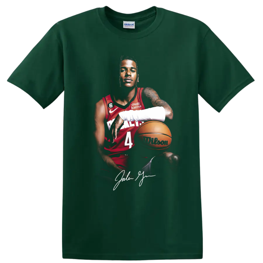 Jalen Green Houston Rockets basketball portrait with red number 4 jersey and ball on a Forest Green T Shirt