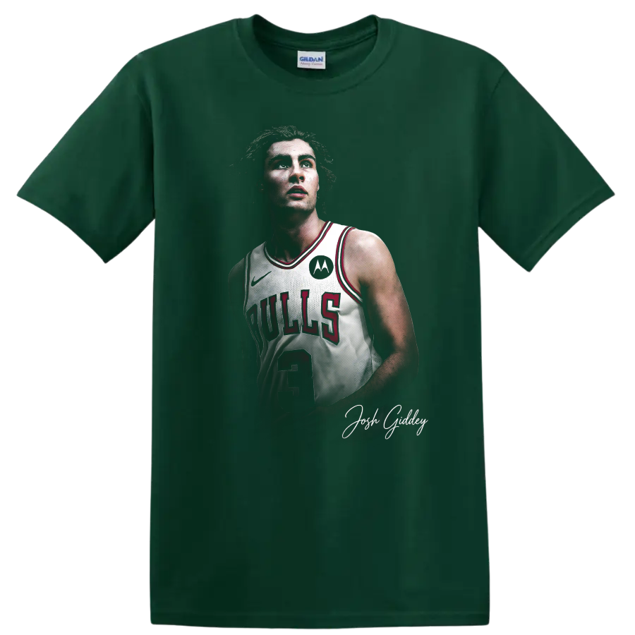 Josh Giddey Chicago Bulls number 3 basketball portrait with signature-style script on a Forest Green T Shirt