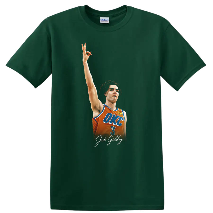 Josh Giddey in orange OKC number 3 jersey with raised arm and signature-style text on a Forest Green T Shirt