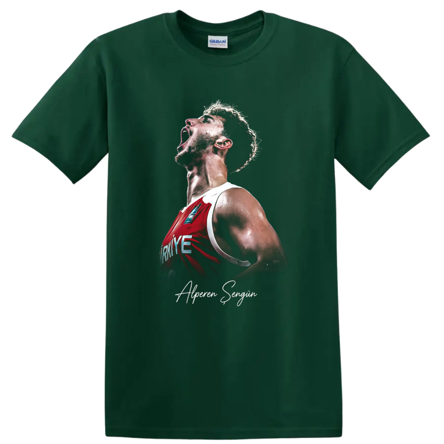 Alperen Şengün shouting in a red Turkey basketball jersey with signature script on a Forest Green T Shirt
