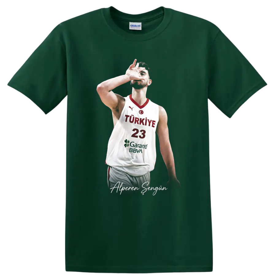 Alperen Şengün Turkey basketball action portrait with number 23 and signature text on a Forest Green T Shirt