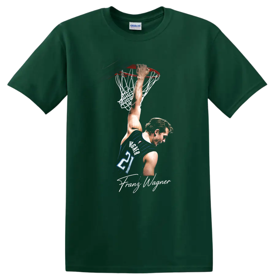 Franz Wagner Orlando Magic dunk graphic with hoop, net, jersey number 21, and signature on a Forest Green T Shirt