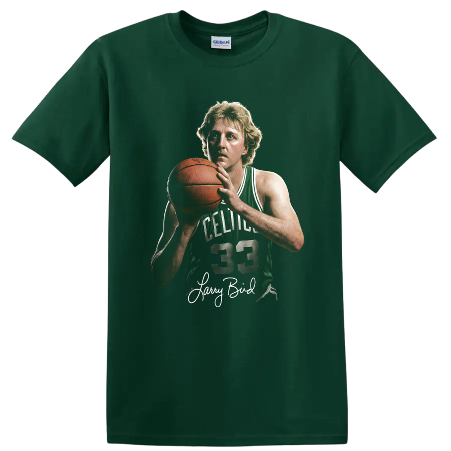 Larry Bird Boston Celtics number 33 basketball portrait with signature on a Forest Green T Shirt