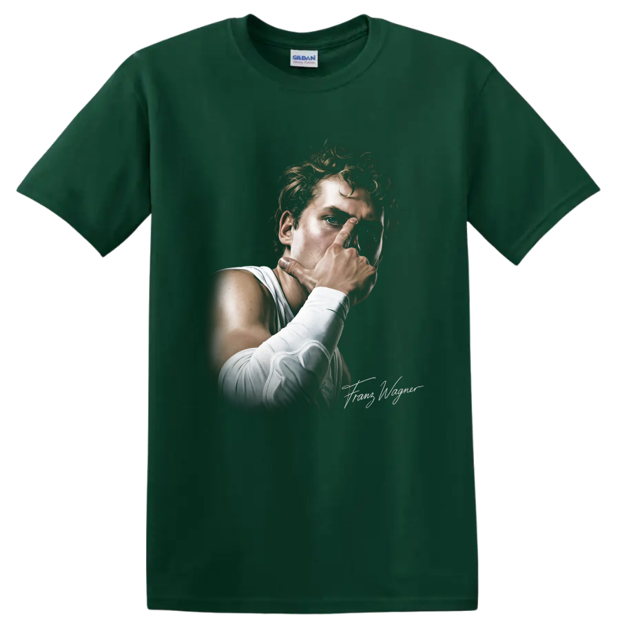Realistic Reggie Miller Indiana Pacers basketball portrait with white jersey and wrist on a Forest Green T Shirt