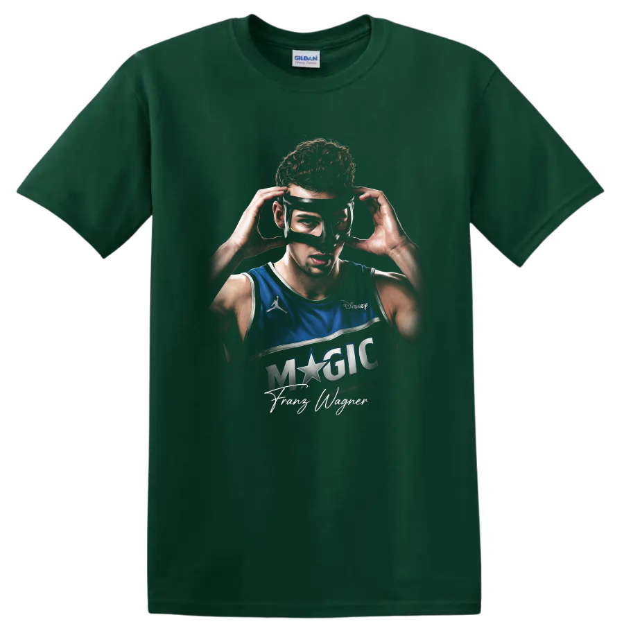 Franz Wagner Orlando Magic masked basketball portrait with signature on a Forest Green T Shirt