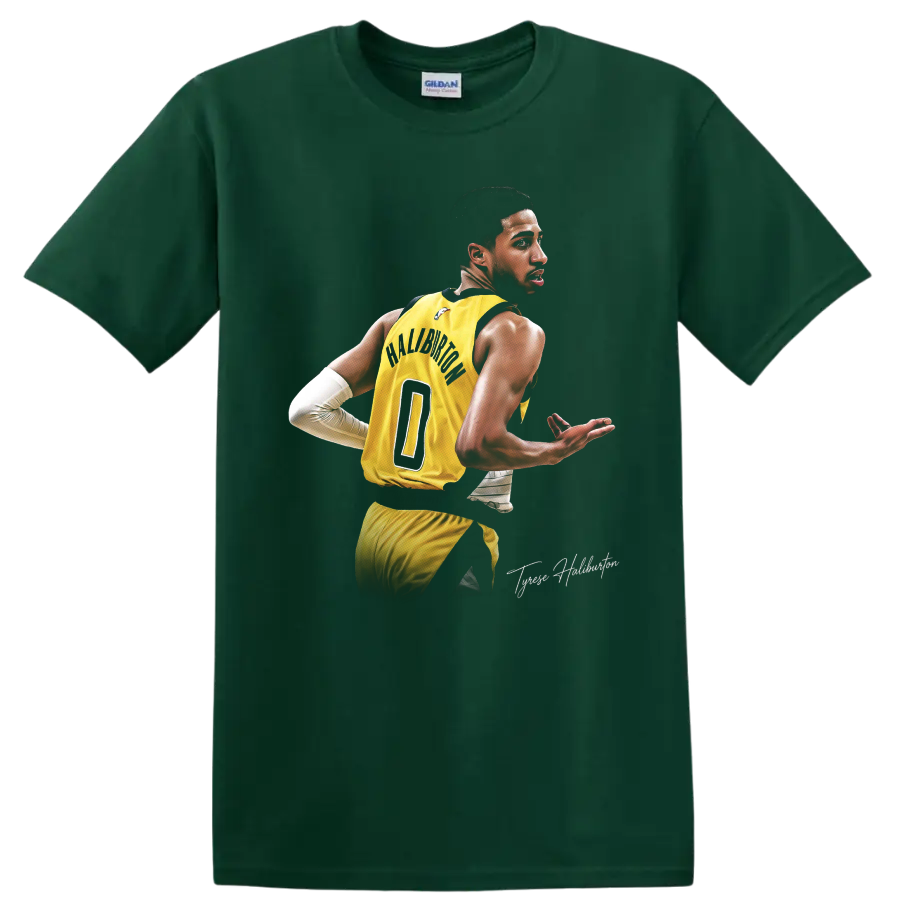 Tyrese Haliburton in yellow Indiana Pacers number 0 uniform, dynamic basketball portrait on a Forest Green T Shirt