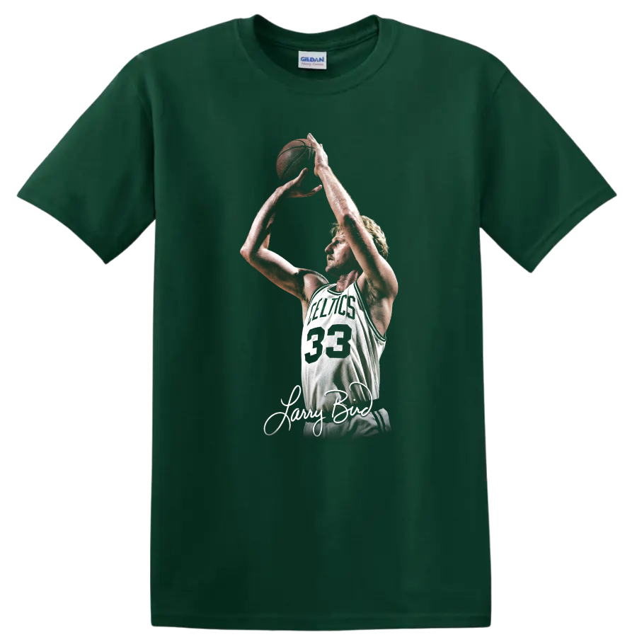 Larry Bird Celtics number 33 shooting pose graphic with signature-style script on a Forest Green T Shirt