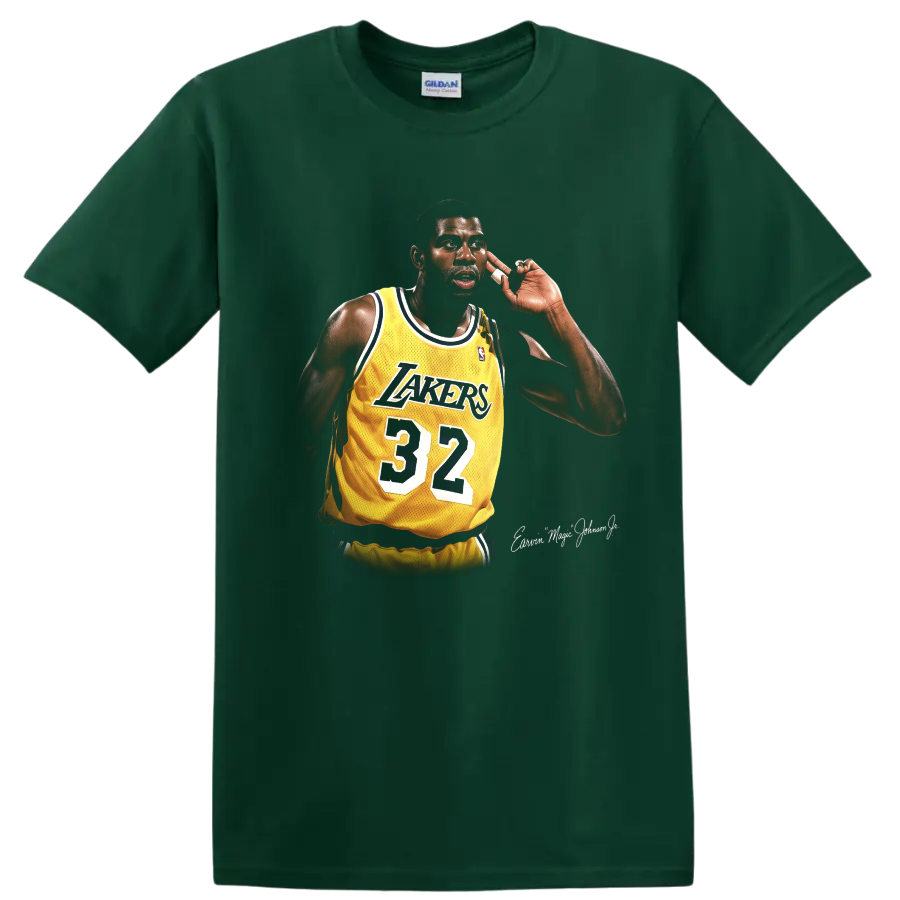 Magic Johnson in a Lakers number 32 jersey, detailed retro basketball portrait on a Forest Green T Shirt
