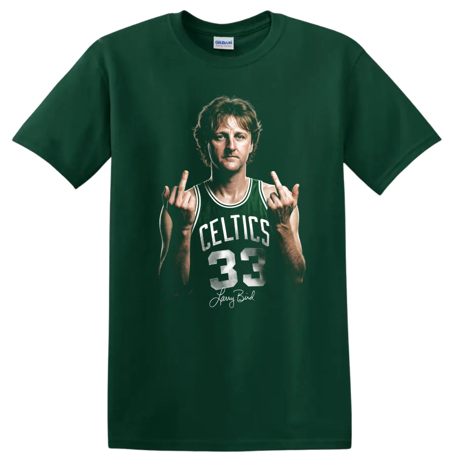 Larry Bird Boston Celtics number 33 portrait graphic with signature-style text on a Forest Green T Shirt