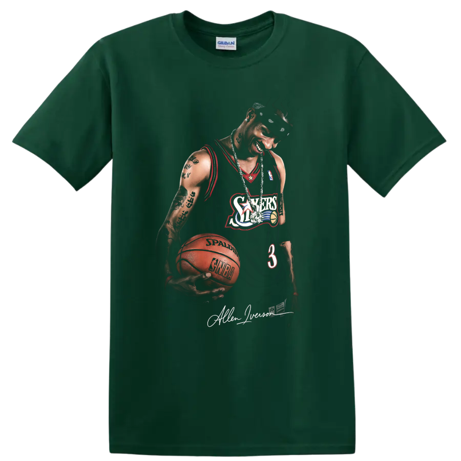 Allen Iverson Philadelphia 76ers number 3 basketball portrait with signature on a Forest Green T Shirt