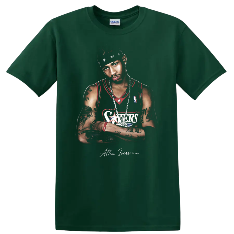 Allen Iverson Philadelphia 76ers basketball portrait with headband and jersey on a Forest Green T Shirt