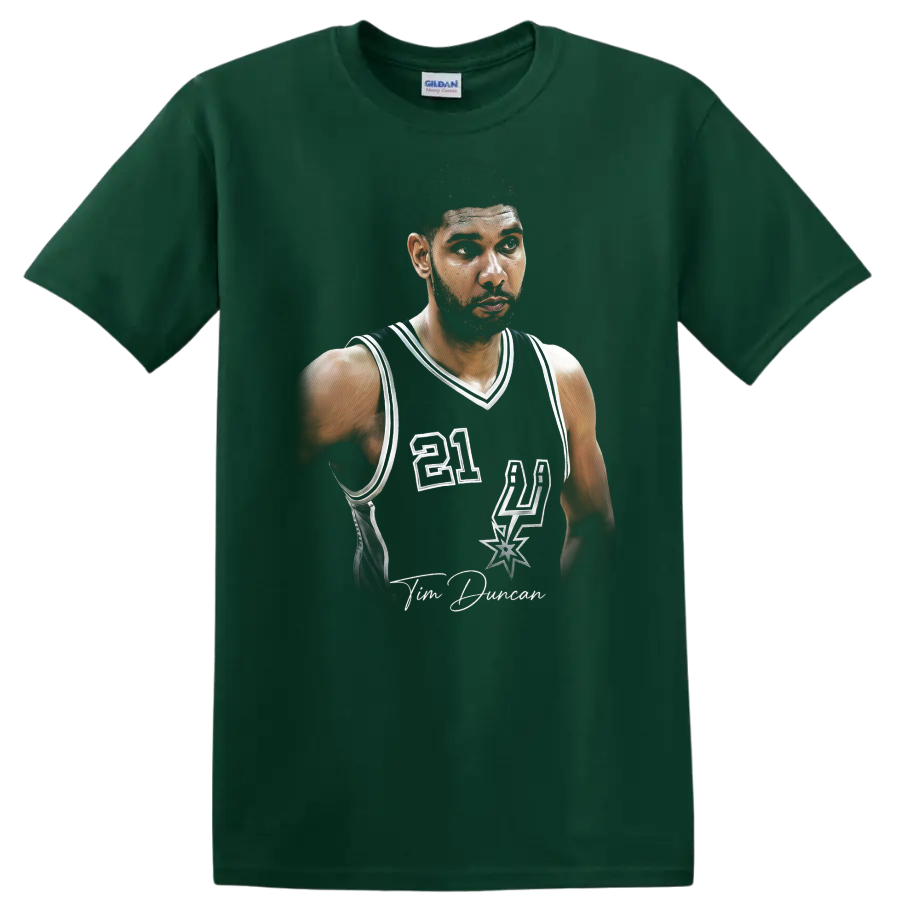 Tim Duncan San Antonio Spurs number 21 retro-style basketball portrait on a Forest Green T Shirt