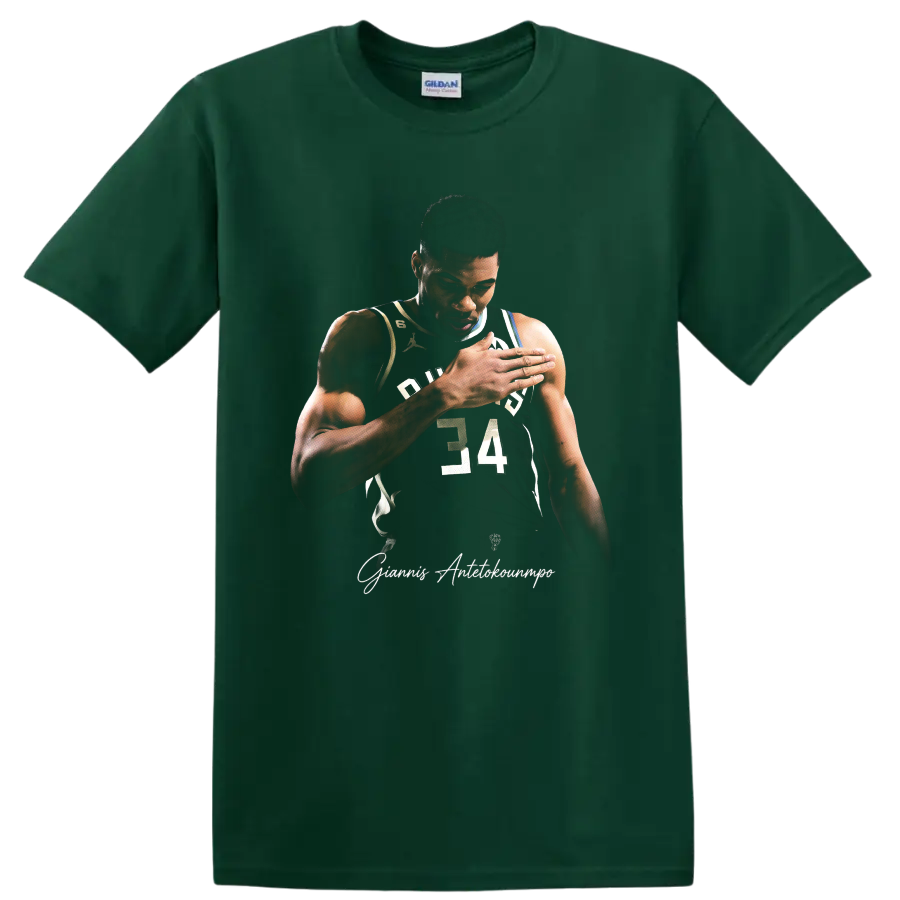 Giannis Antetokounmpo Milwaukee Bucks number 34 basketball portrait with signature on a Forest Green T Shirt
