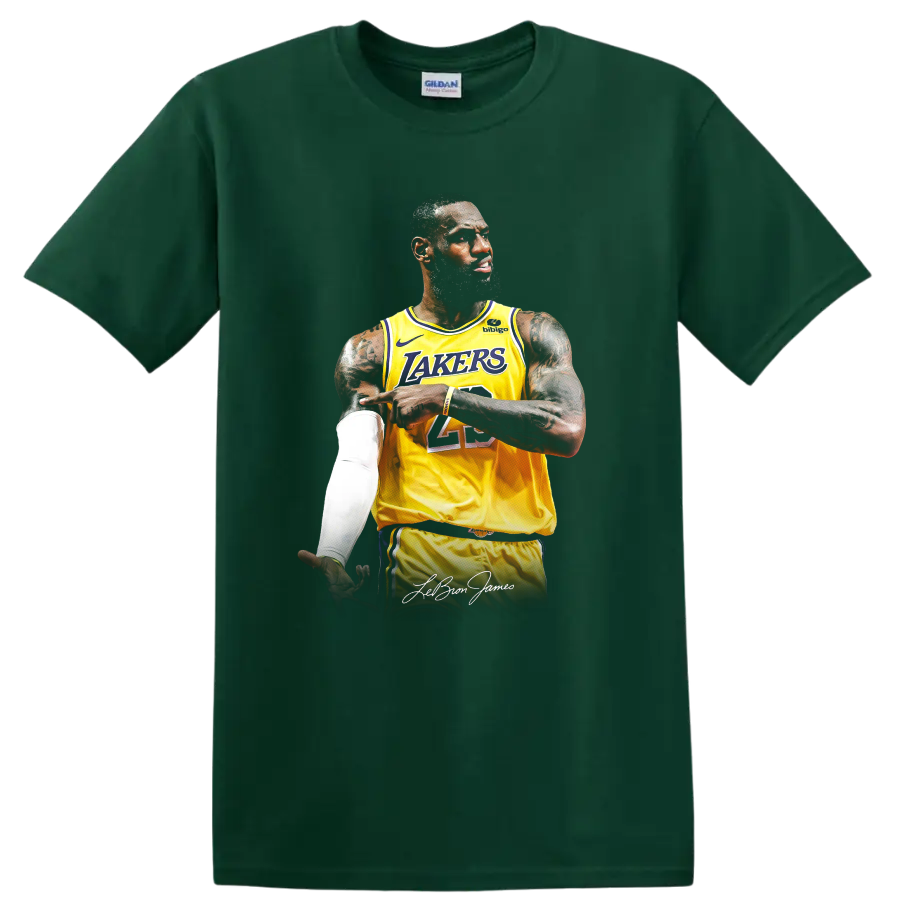 LeBron James in Los Angeles Lakers number 23 jersey portrait with signature on a Forest Green T Shirt