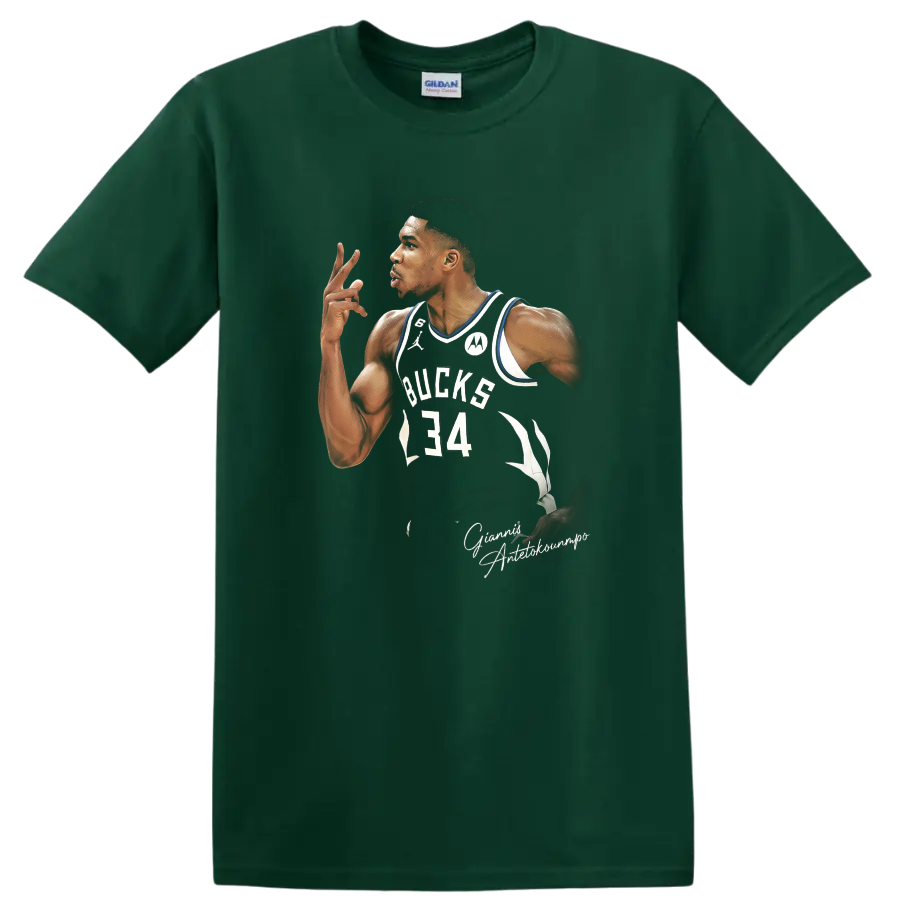 Giannis Antetokounmpo Milwaukee Bucks number 34 basketball portrait graphic on a Forest Green T Shirt