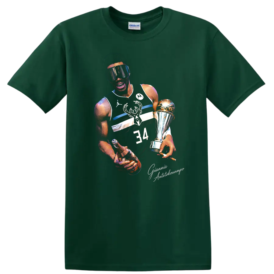 Giannis Antetokounmpo Bucks championship trophy portrait with number 34 jersey on a Forest Green T Shirt