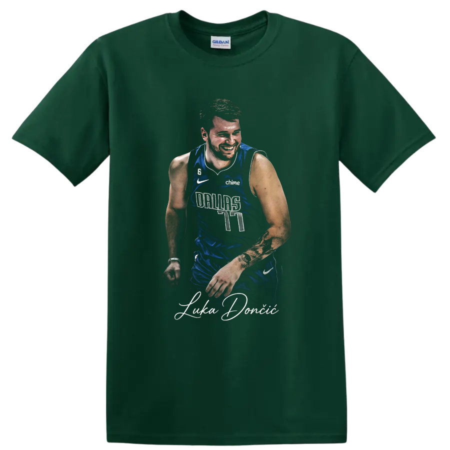 Luka Doncic Dallas Mavericks number 77 portrait with signature-style lettering on a Forest Green T Shirt