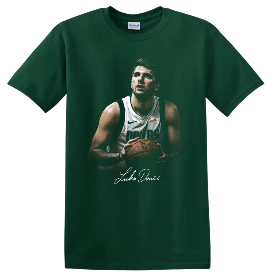 Kyrie Irving Dallas Mavericks basketball player portrait holding a ball on a Forest Green T Shirt