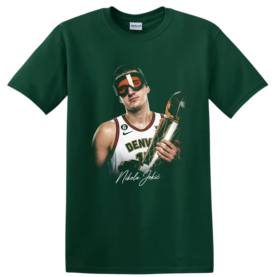 Nikola Jokić holding a gold trophy in orange goggles and Denver jersey portrait on a Forest Green T Shirt