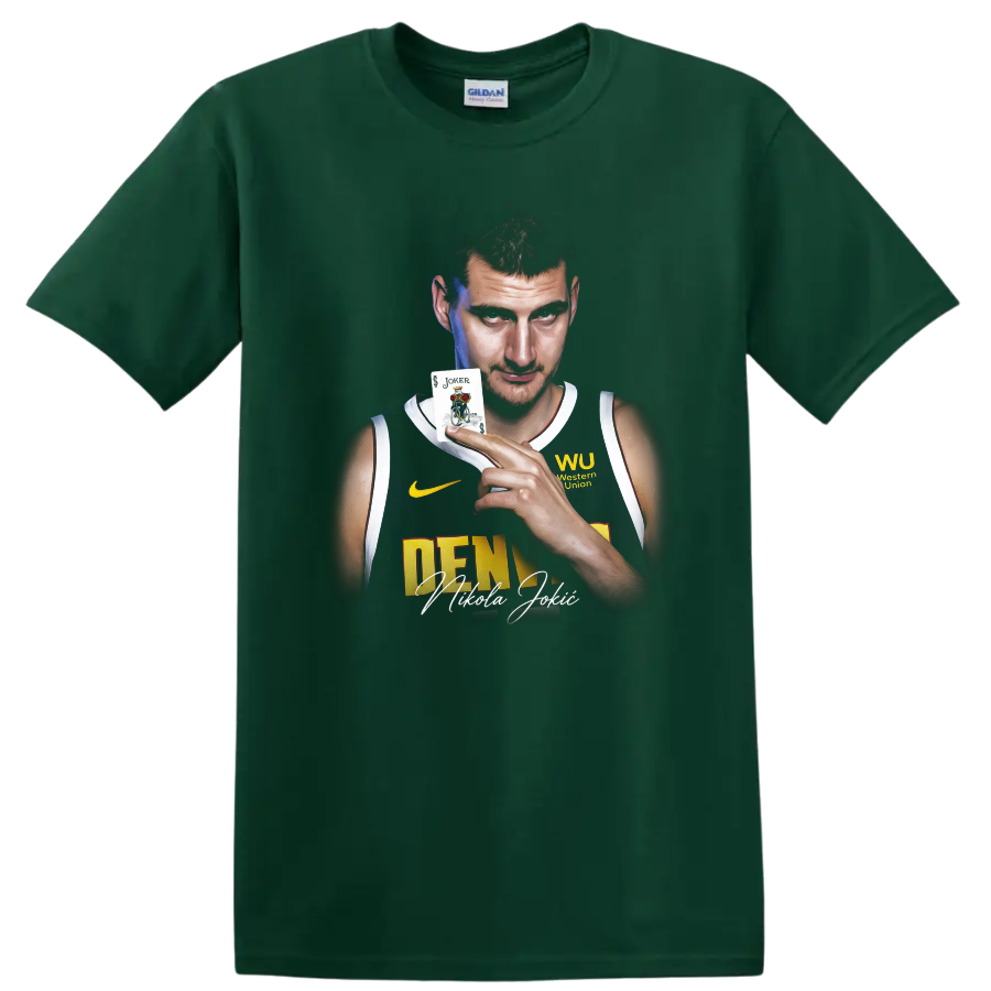 Nikola Jokić Denver Nuggets portrait holding a Joker card with signature-style text on a Forest Green T Shirt