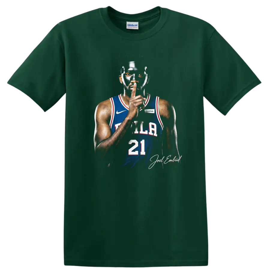 Joel Embiid masked Philadelphia 76ers number 21 basketball portrait with signature on a Forest Green T Shirt