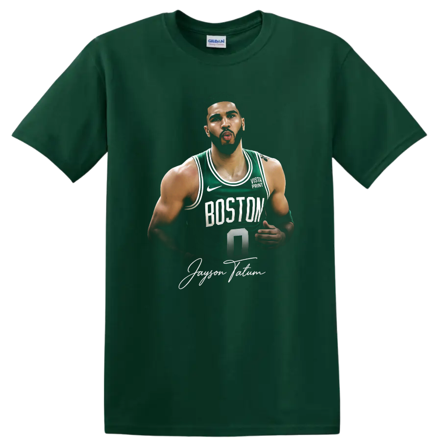 Jayson Tatum Boston Celtics number 0 basketball portrait with signature-style text on a Forest Green T Shirt