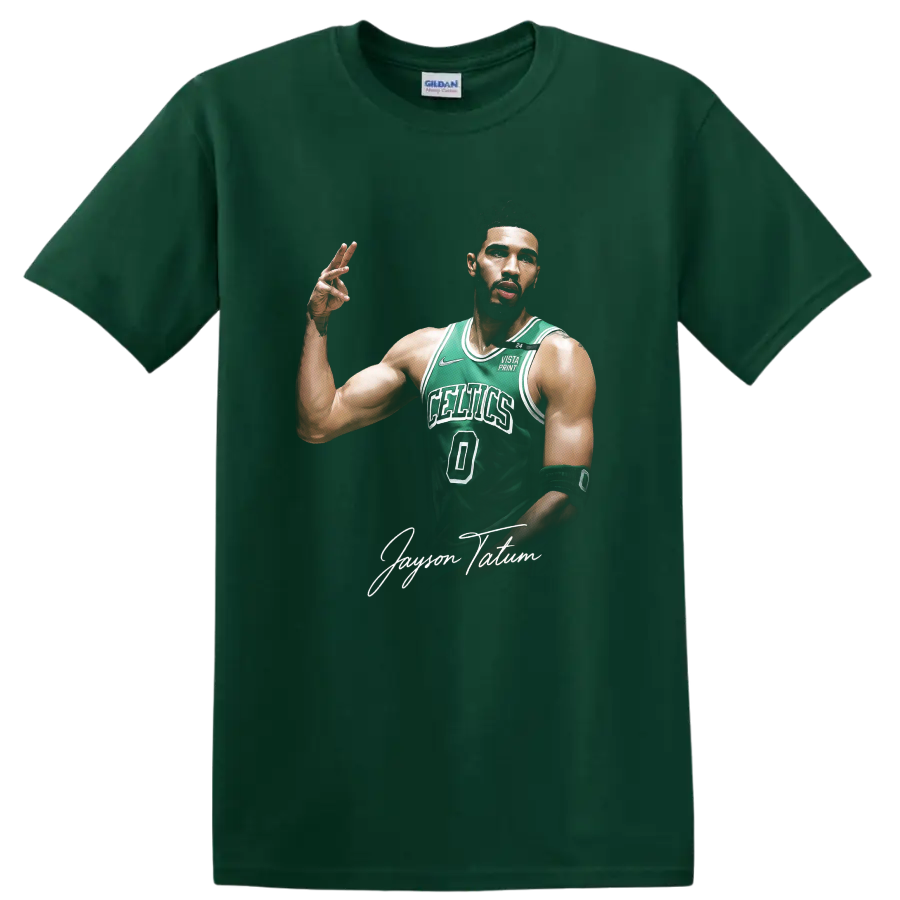 Jayson Tatum Boston Celtics number 0 basketball portrait with signature script on a Forest Green T Shirt