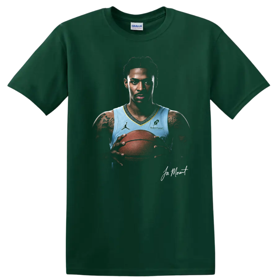Ja Morant Memphis Grizzlies basketball portrait holding a ball with signature detail on a Forest Green T Shirt