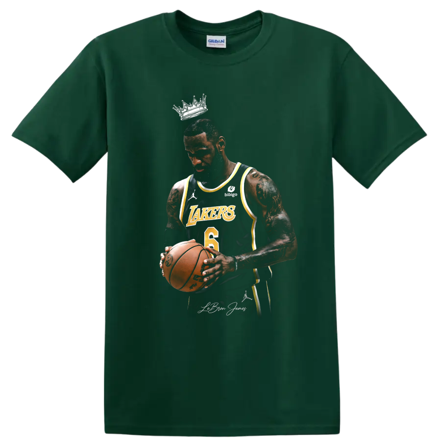 LeBron James Lakers-style basketball portrait with crown and number 6 jersey on a Forest Green T Shirt