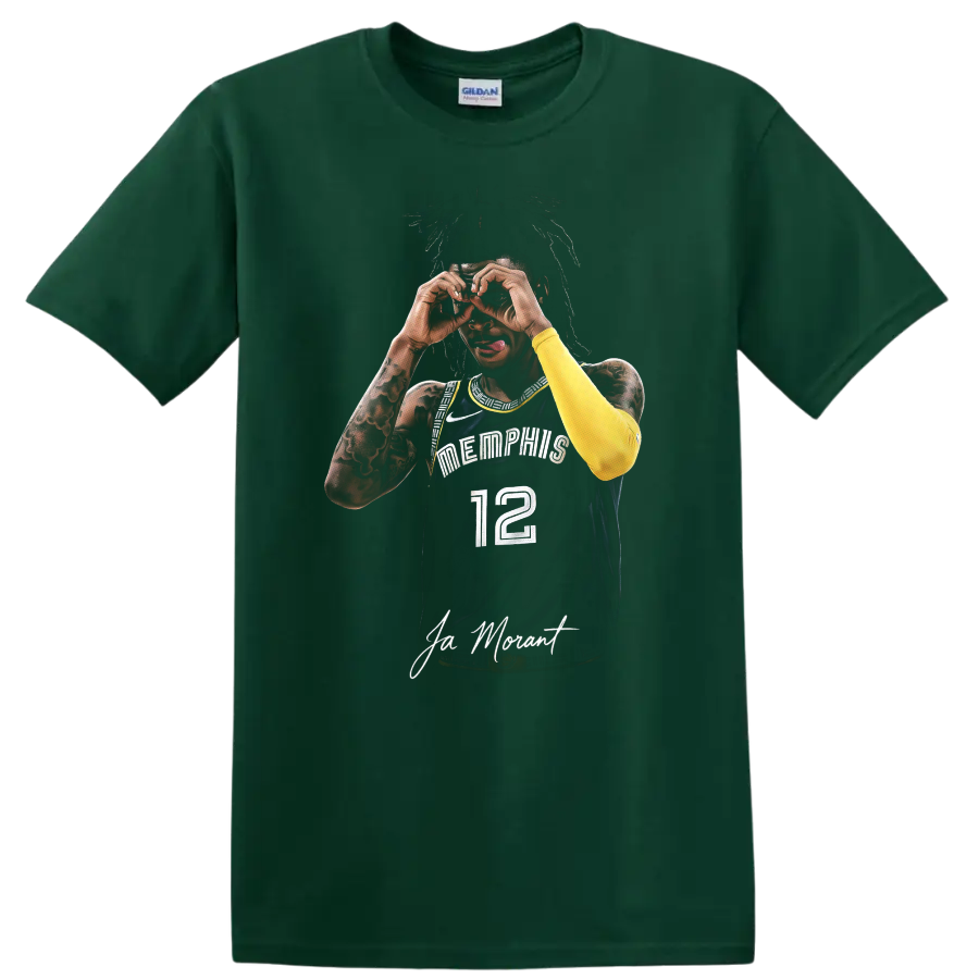 Ja Morant Memphis Grizzlies number 12 basketball portrait with binocular hand gesture on a Forest Green T Shirt