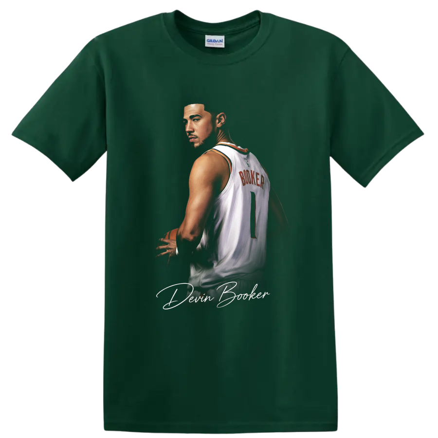 Devin Booker Phoenix Suns jersey portrait with basketball, number 1 and signature script on a Forest Green T Shirt