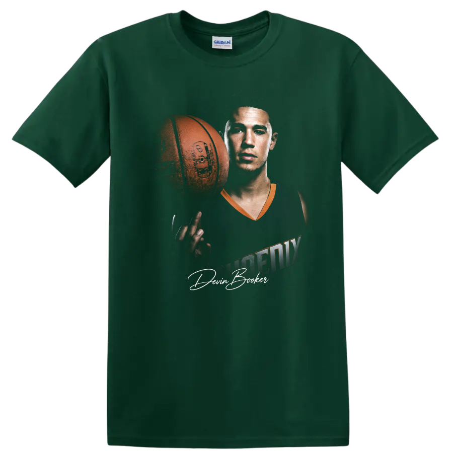Kevin Durant Phoenix Suns basketball player portrait with ball and signature-style text on a Forest Green T Shirt