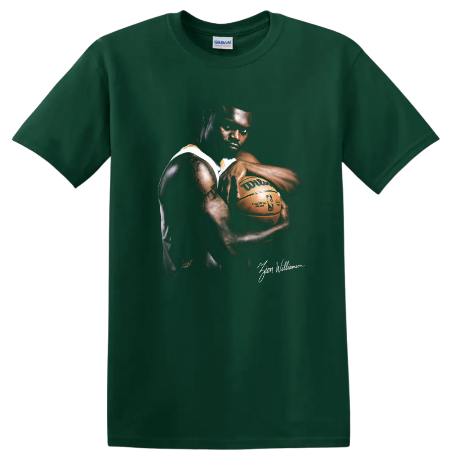Zion Williamson basketball portrait holding a ball in dramatic high-contrast style on a Forest Green T Shirt